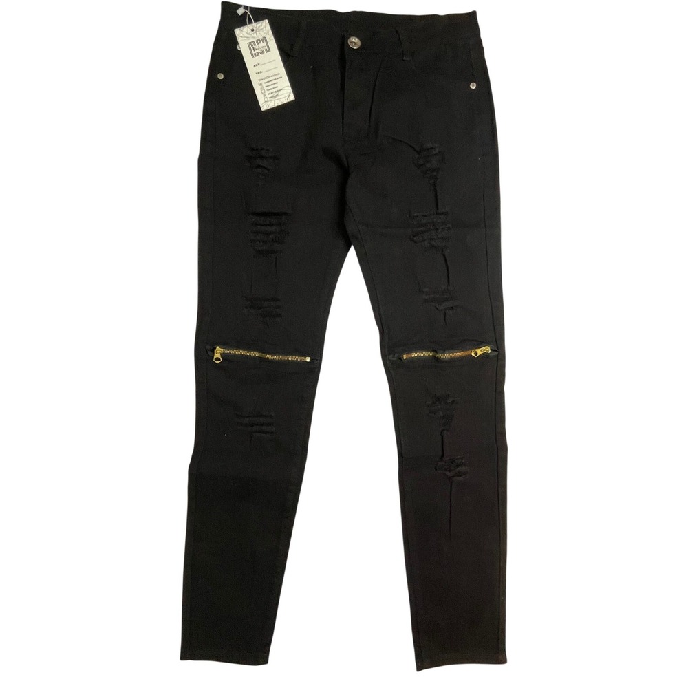 Fashion Jeans Mens 32 Black Distressed Skinny Ripped Denim‎ Gold Knee Zippers